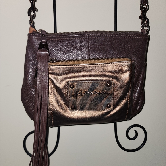 B Makowsky A210581 Bronize Metalic Crossbody Zebra Print Tassels Leather Purse